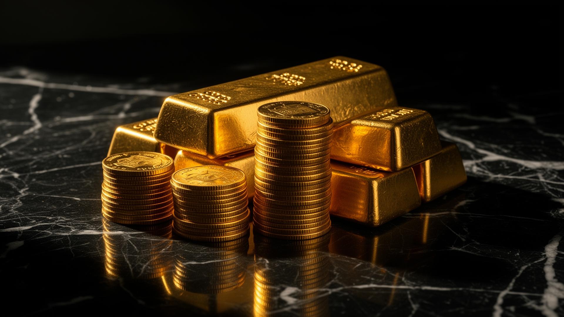 Gold bullion bars and coins
